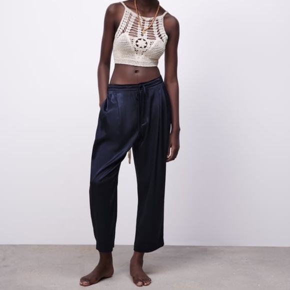 NWT, ZARA SATIN EFFECT PLEATED PANTS, M - Picture 1 of 3